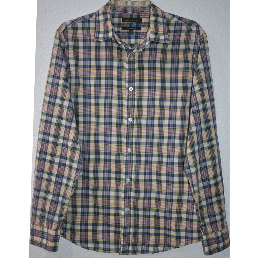 Banana Republic Mens M Untucked Slim‎ Fit Shirt Plaid Button Down Long Sleeve